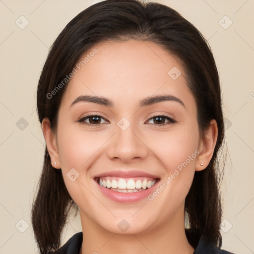 Joyful white young-adult female with medium  brown hair and brown eyes