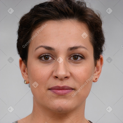 Joyful white adult female with short  brown hair and brown eyes