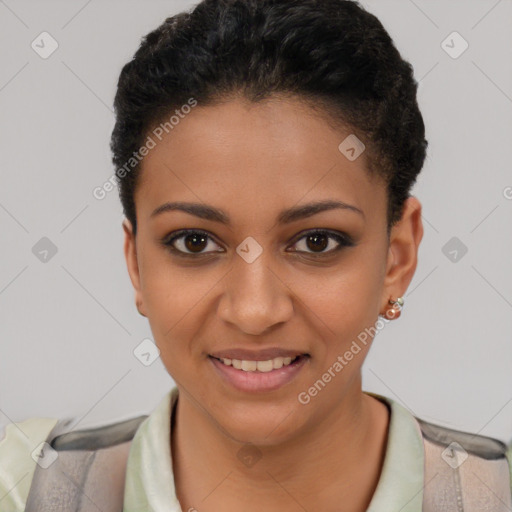 Joyful latino young-adult female with short  black hair and brown eyes