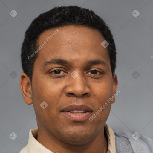 Joyful latino young-adult male with short  brown hair and brown eyes