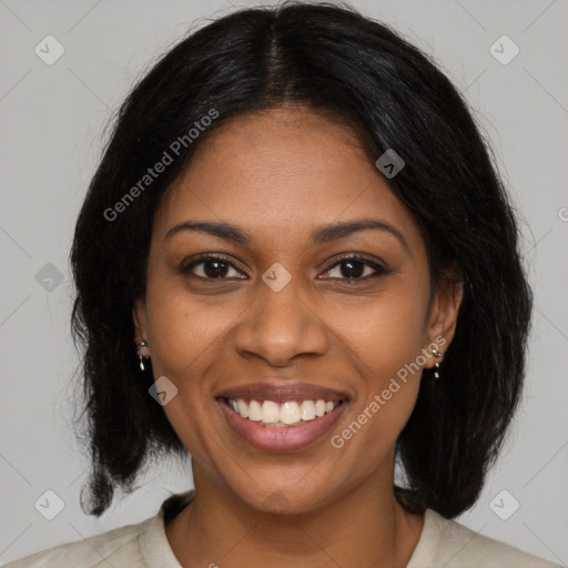 Joyful black young-adult female with medium  black hair and brown eyes