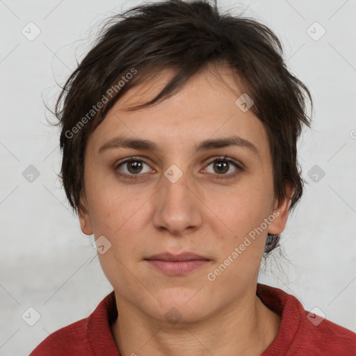 Neutral white young-adult female with short  brown hair and brown eyes