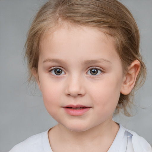 Neutral white child female with medium  brown hair and blue eyes