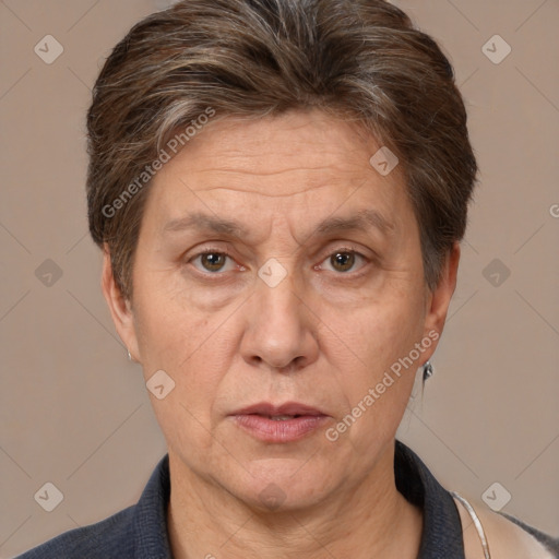 Joyful white middle-aged male with short  brown hair and brown eyes