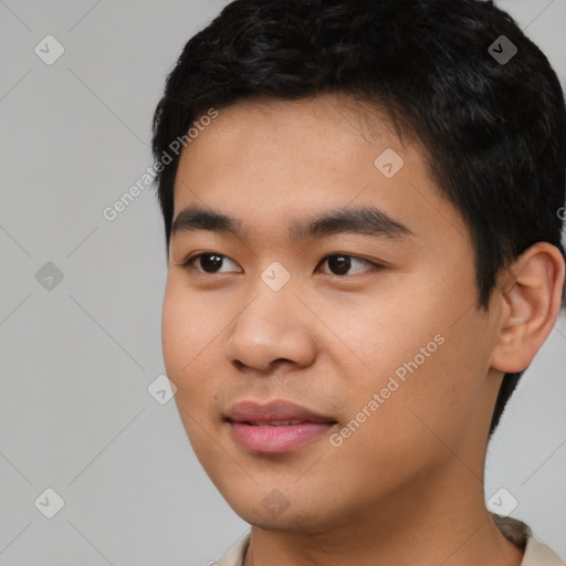 Neutral asian young-adult male with short  black hair and brown eyes