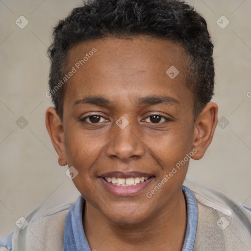 Joyful black young-adult male with short  brown hair and brown eyes