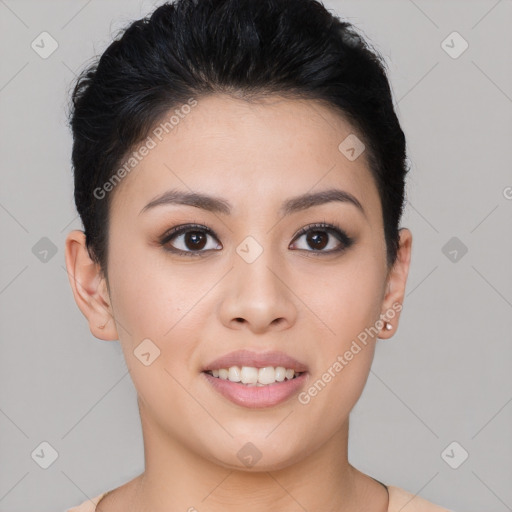 Joyful asian young-adult female with short  black hair and brown eyes