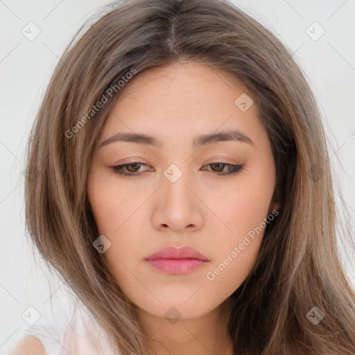 Neutral white young-adult female with long  brown hair and brown eyes