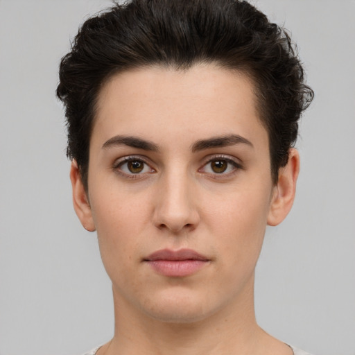 Neutral white young-adult female with short  brown hair and brown eyes