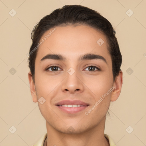 Joyful white young-adult male with short  brown hair and brown eyes