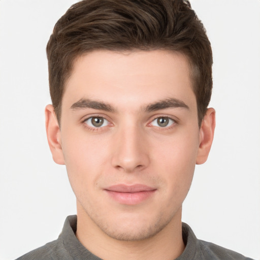 Neutral white young-adult male with short  brown hair and brown eyes