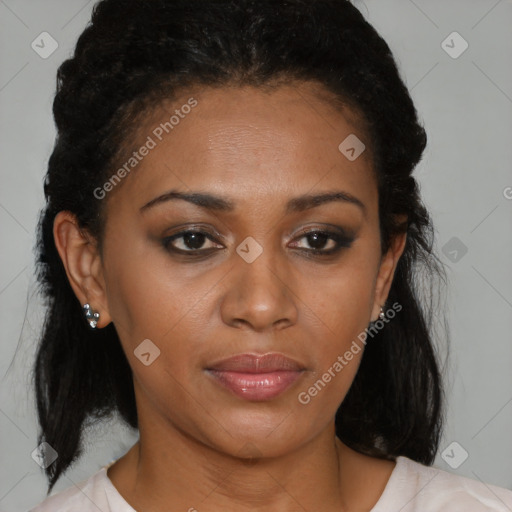 Joyful black young-adult female with medium  brown hair and brown eyes