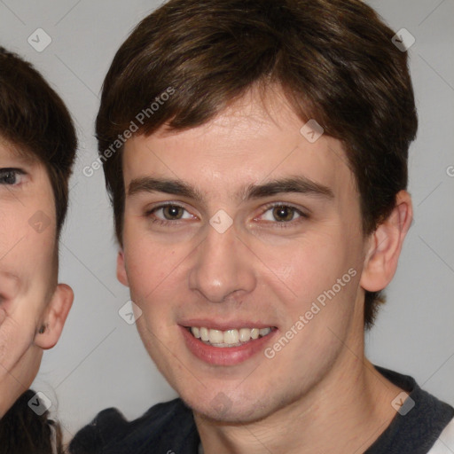 Joyful white young-adult male with medium  brown hair and brown eyes