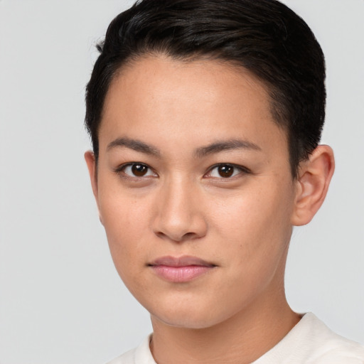 Neutral white young-adult female with short  black hair and brown eyes