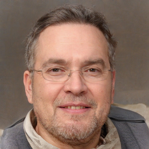 Joyful white middle-aged male with short  brown hair and brown eyes