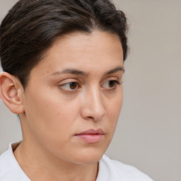 Neutral white young-adult female with short  brown hair and brown eyes