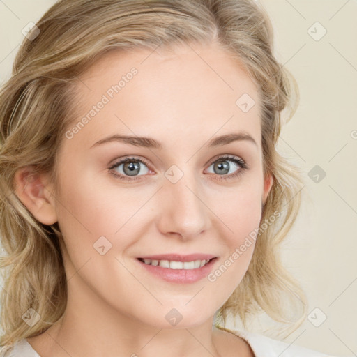 Joyful white young-adult female with long  brown hair and blue eyes