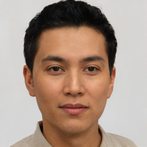 Neutral asian young-adult male with short  black hair and brown eyes