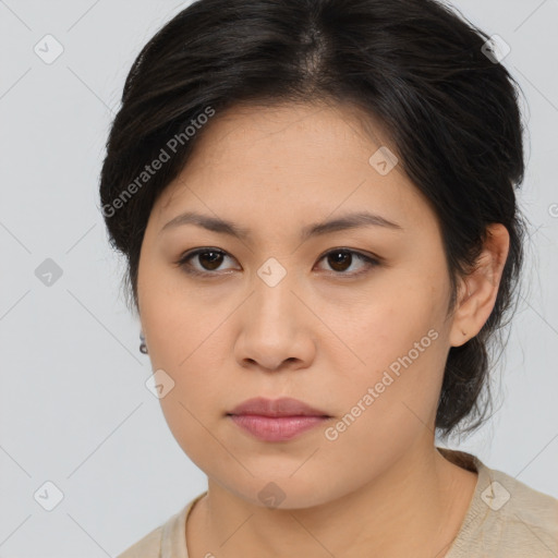 Neutral asian young-adult female with medium  brown hair and brown eyes