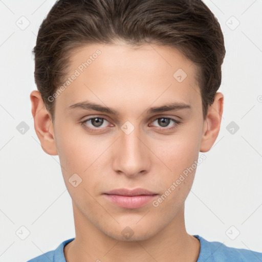 Neutral white young-adult male with short  brown hair and brown eyes