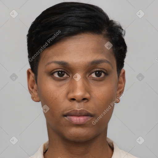 Neutral asian young-adult female with short  black hair and brown eyes