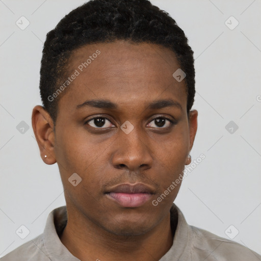 Neutral black young-adult male with short  black hair and brown eyes