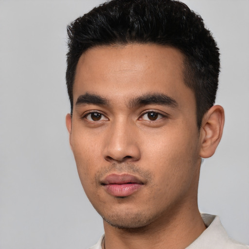 Neutral asian young-adult male with short  black hair and brown eyes