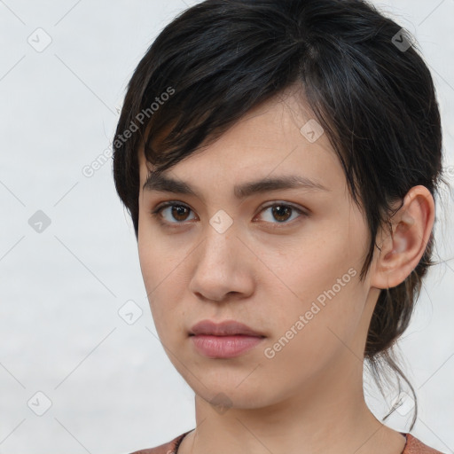 Neutral white young-adult female with medium  brown hair and brown eyes