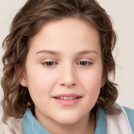 Joyful white child female with medium  brown hair and brown eyes