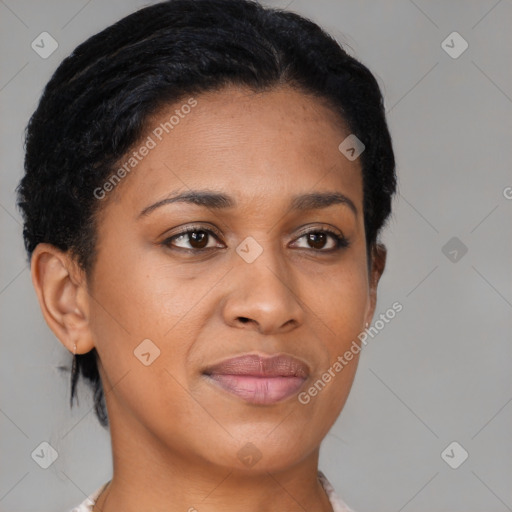 Joyful latino young-adult female with short  black hair and brown eyes