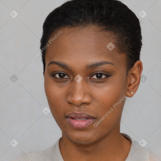 Neutral black young-adult female with short  black hair and brown eyes