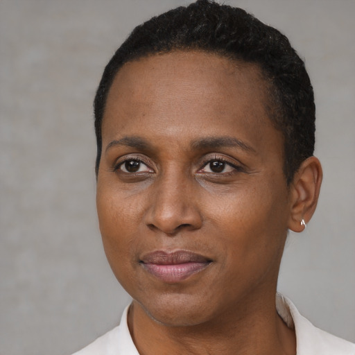 Joyful black adult female with short  brown hair and brown eyes