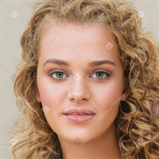 Neutral white young-adult female with long  brown hair and green eyes