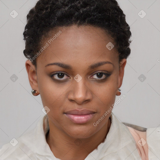 Joyful black young-adult female with short  brown hair and brown eyes