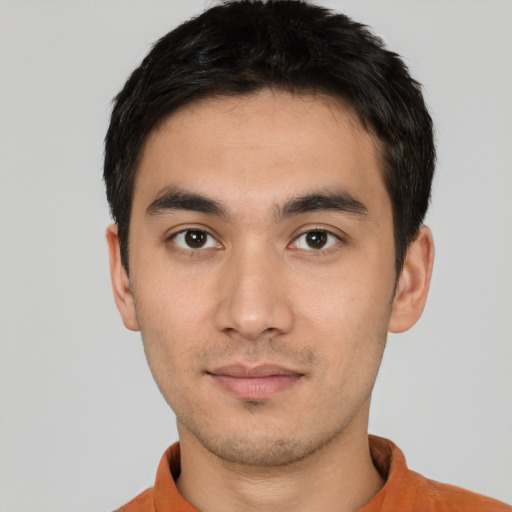 Neutral white young-adult male with short  black hair and brown eyes