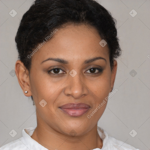 Joyful latino young-adult female with short  brown hair and brown eyes