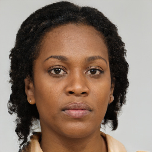 Neutral black young-adult female with long  brown hair and brown eyes