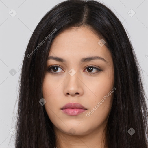 Neutral asian young-adult female with long  brown hair and brown eyes