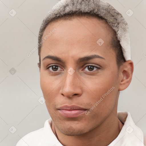 Neutral white young-adult female with short  brown hair and brown eyes