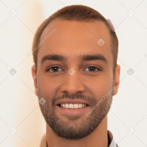 Joyful white young-adult male with short  brown hair and brown eyes