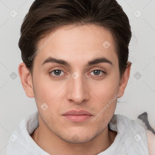 Neutral white young-adult male with short  brown hair and brown eyes