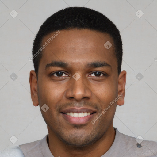 Joyful latino young-adult male with short  brown hair and brown eyes