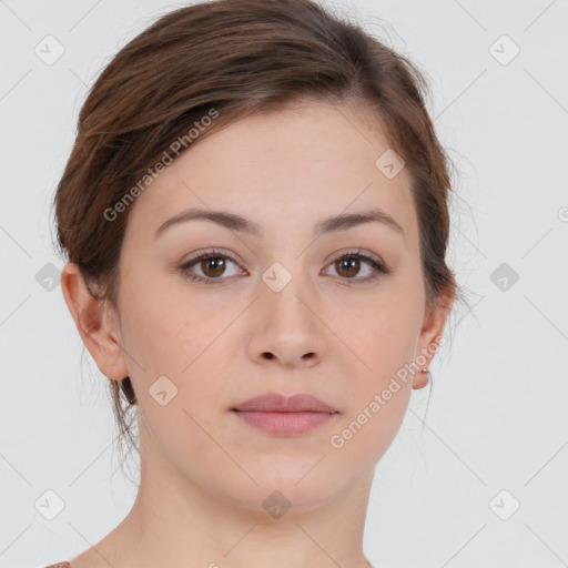 Neutral white young-adult female with short  brown hair and brown eyes