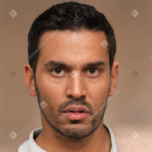 Neutral latino young-adult male with short  black hair and brown eyes