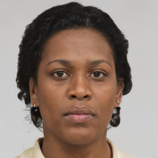 Neutral black young-adult female with short  brown hair and brown eyes