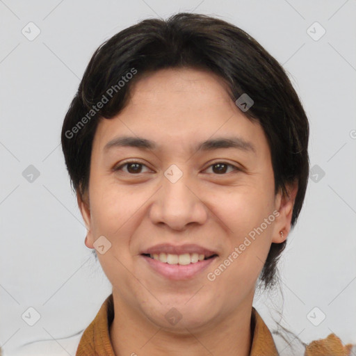 Joyful white young-adult female with medium  brown hair and brown eyes