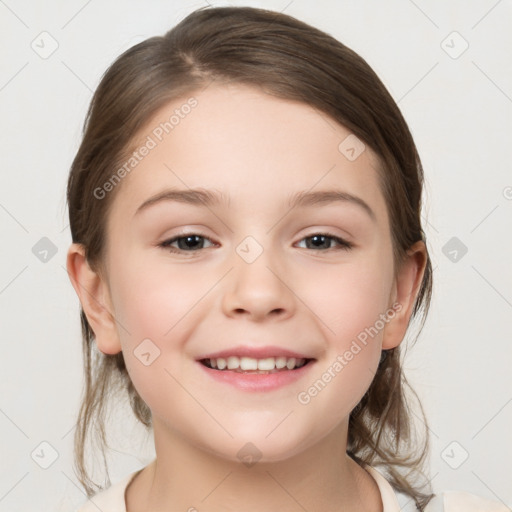 Joyful white child female with medium  brown hair and brown eyes