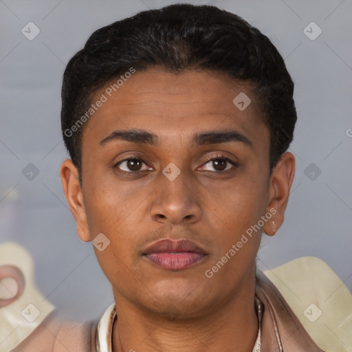 Neutral latino young-adult male with short  brown hair and brown eyes