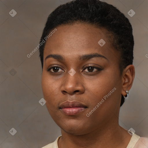 Neutral black young-adult female with short  black hair and brown eyes