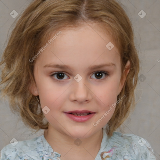 Joyful white child female with medium  brown hair and brown eyes